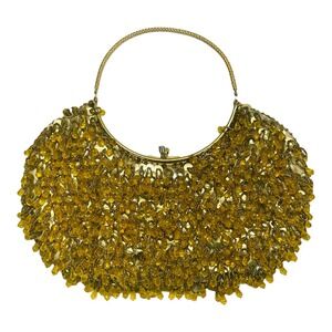 Vintage Gold Beaded Purse Large Beads Handbag Clasp Handmade Hong Kong Bling